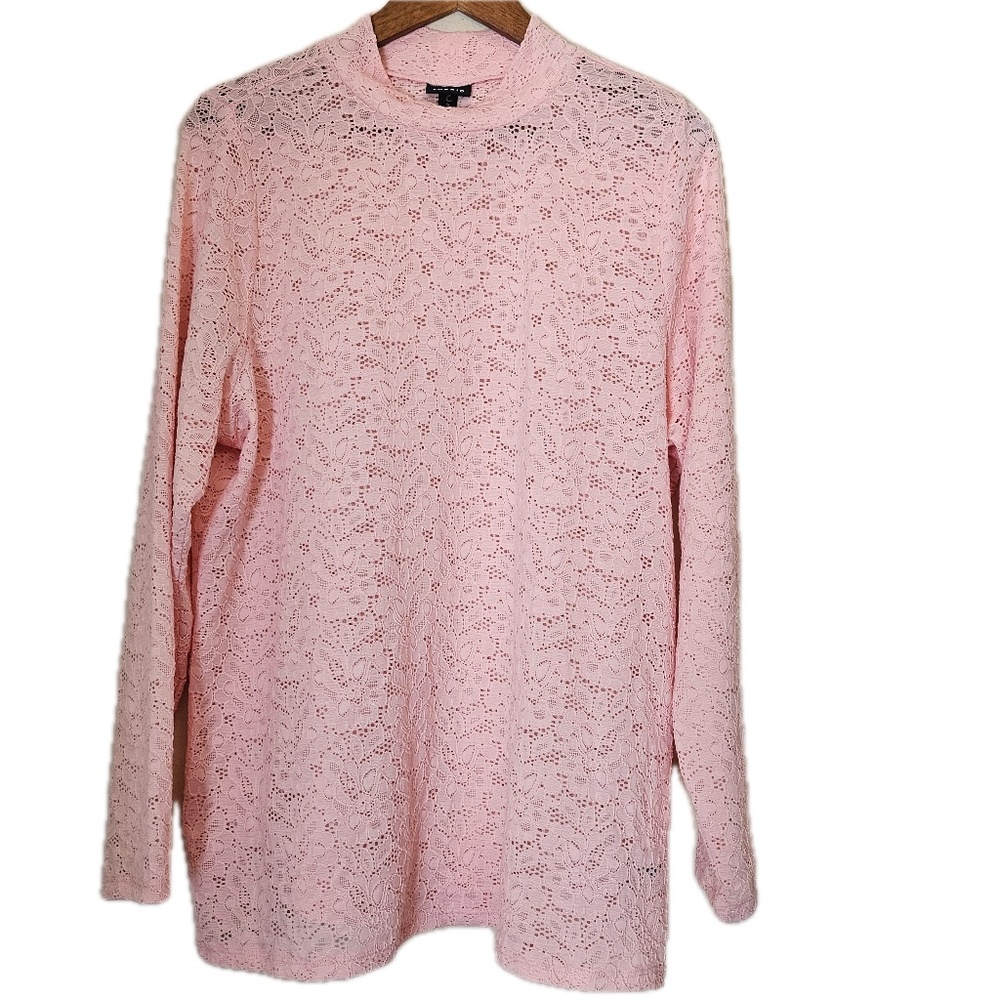 Torrid Blouse Womens 2X Pink Tunic Mock Neck Crochet‎ Sheer Stretch Lightweight